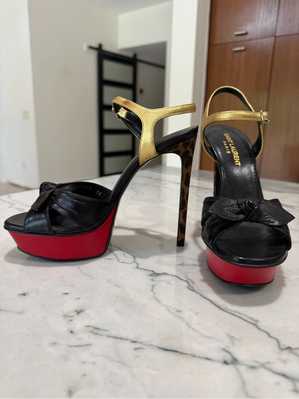 Saint Laurent Bowfront Platform Leopard Embossed Stiletto Heel Sandals - Picture 2 of 11